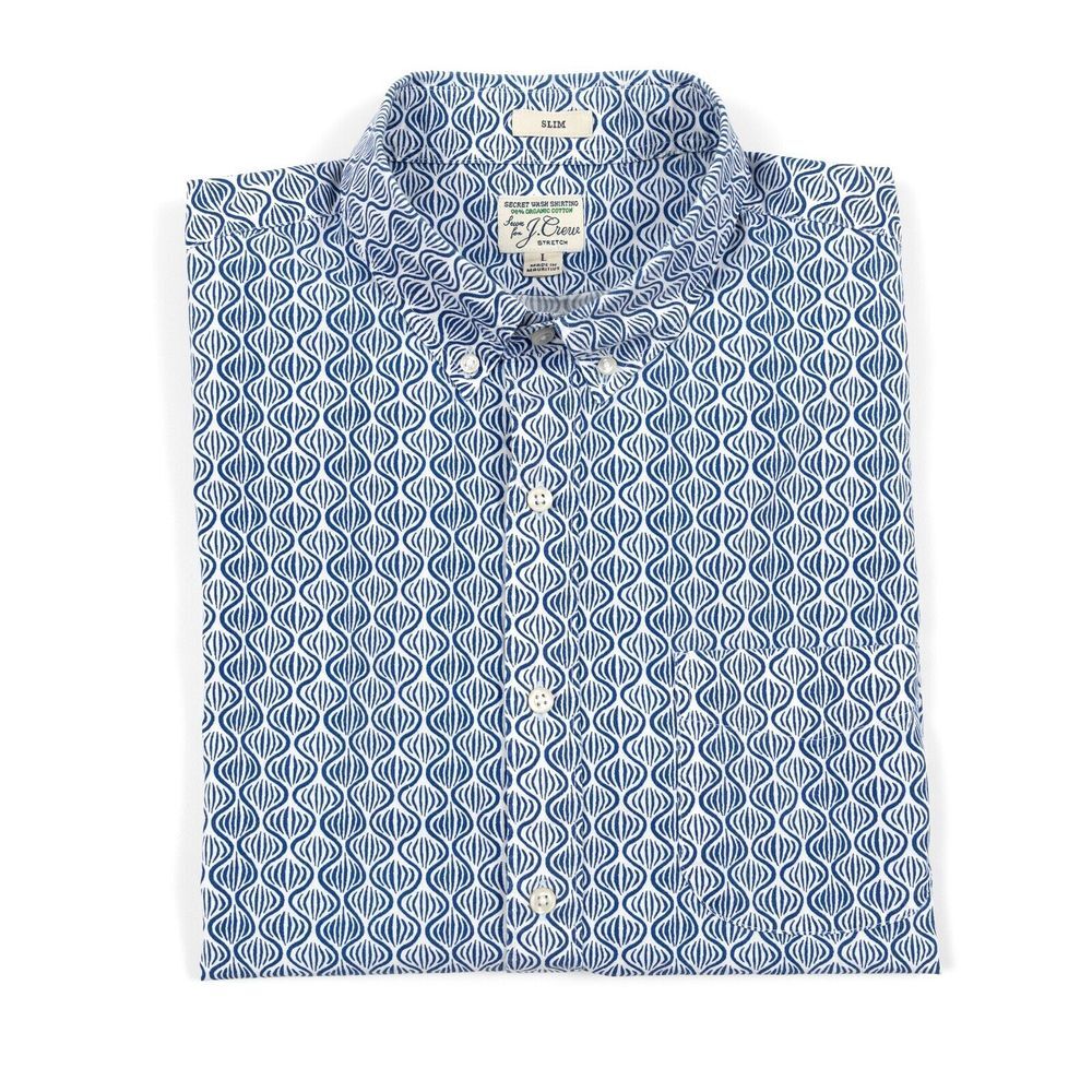 J Crew Shirt Mens Large Slim Stretch All Over Geometric Blue White Button Down - Picture 9 of 9